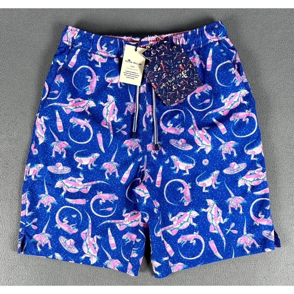 Peter Millar Swim Trunks Shorts Small Blue Pink Seaside Iguana‎ Geometric New
